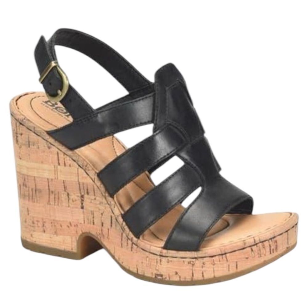 BØRN Bernese Cage Wedge Sandal Black Leather Cork Platform Size 10 NEW